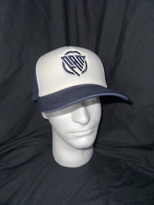 “FAM” Foam-Front SnapBack Trucker Hat Navy Blue And White With Navy Blue “FAM” Logo Embroidery