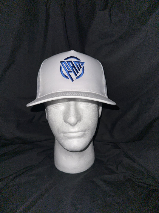 "FAM" Hard-Front Snapback Hat White With Blue “FAM” Logo Embroidery