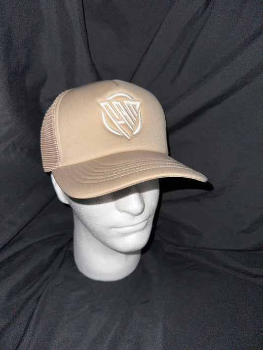 “FAM” Foam-Front SnapBack Trucker Hat Tan With White “FAM” Logo Embroidery