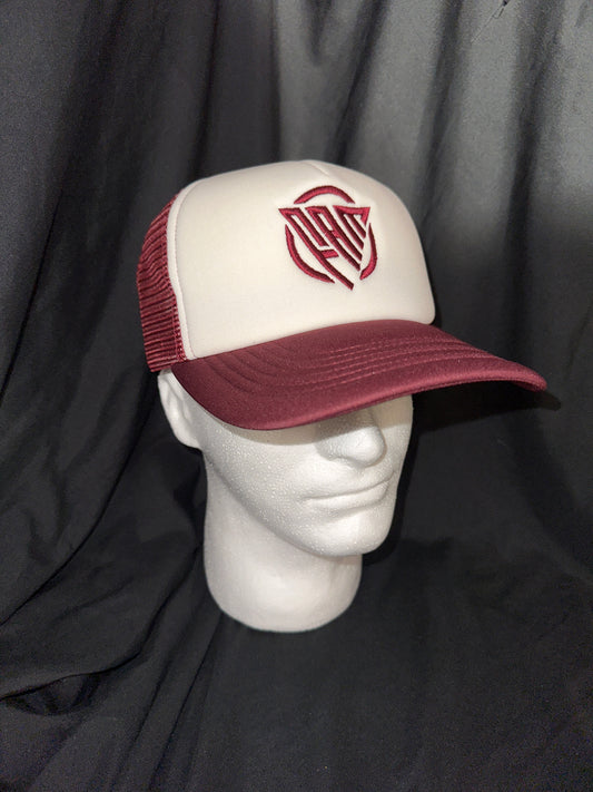 “FAM” Foam-Front SnapBack Trucker Hat Burgundy And White With Burgundy “FAM” Logo Embroidery