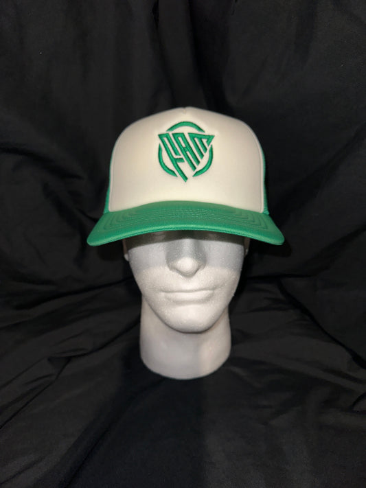 “FAM” SnapBack Trucker Hat Green And White Foam Front With Green “FAM” Logo Embroidery