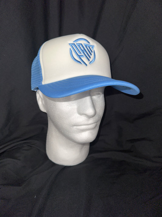 “FAM” Foam-Front SnapBack Trucker Hat Light Blue And White With Light Blue “FAM” Logo Embroidery