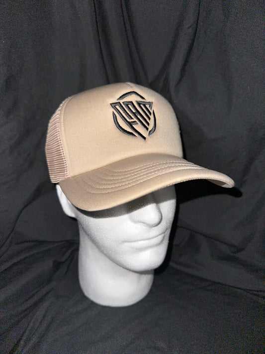 “FAM” Foam-Front SnapBack Trucker Hat Tan With Black “FAM” Logo Embroidery